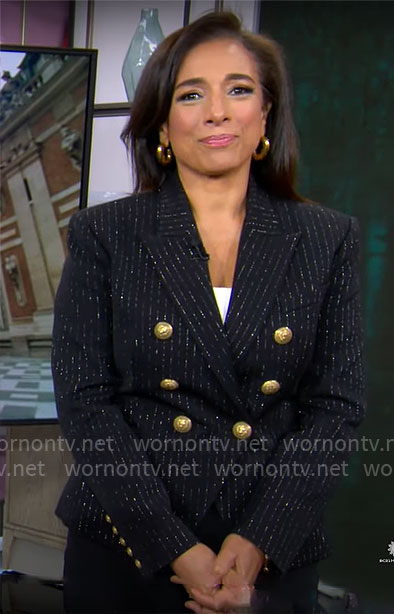 Michelle Miller's pinstripe blazer with gold buttons on CBS Mornings