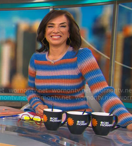 Michelle Miller's blue striped sweater dress on CBS Mornings