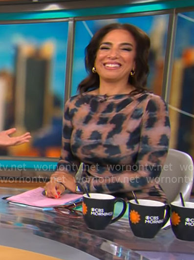 Michelle Miller's tie dye print long sleeve dress on CBS Mornings
