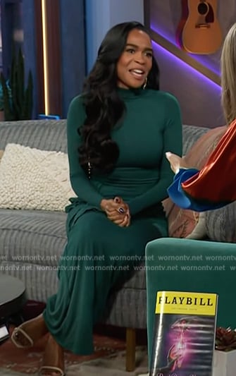 Michelle Williams' green tie front jersey dress on The Kelly Clarkson Show