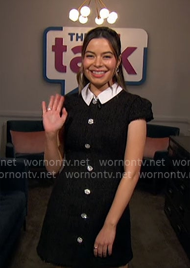 Miranda Cosgrove's black tweed crystal button front dress on The Talk