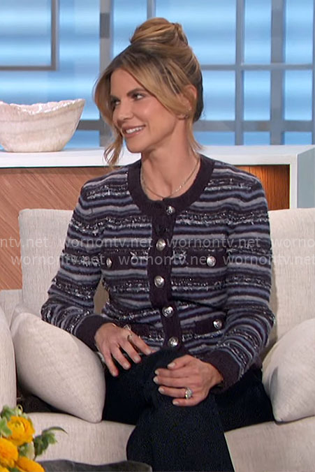 Natalie's blue striped cardigan with silver buttons on The Talk