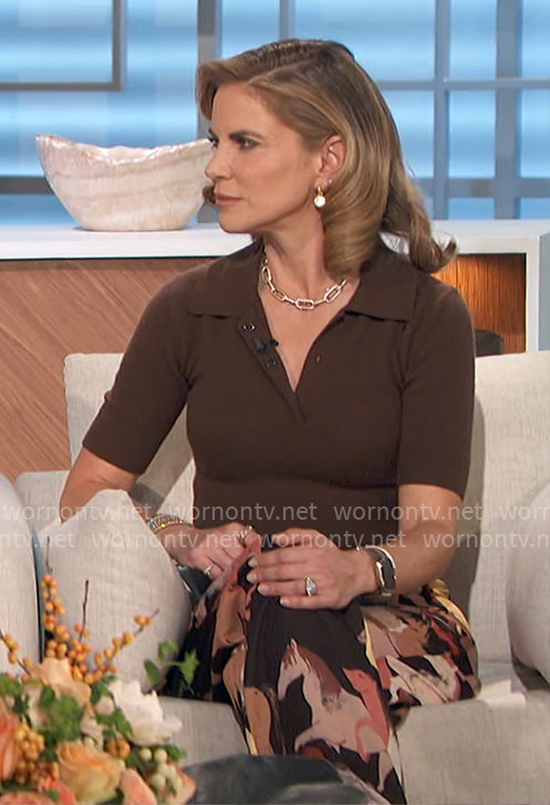 Natalie's brown polo top and horse print pants on The Talk