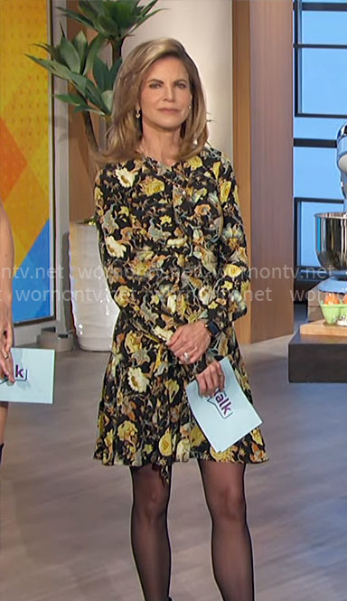 Natalie's floral ruched ruffle front dress on The Talk