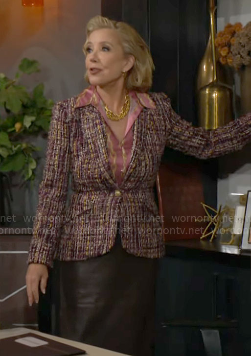 Nikki's pink chain print blouse and tweed blazer on The Young and the Restless