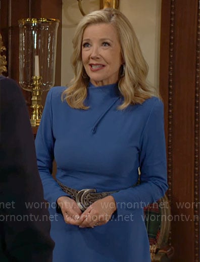 Nikki's blue long sleeved midi dress and snake belt on The Young and the Restless