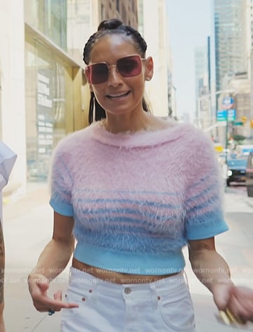 Racquel's fuzzy stripe short sleeve sweater on The Real Housewives of New York City