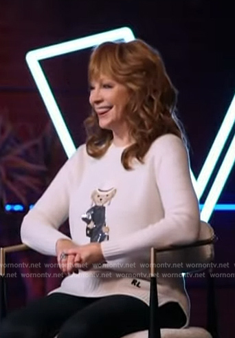 Reba McEntire's white teddy bear sweater on Access Hollywood