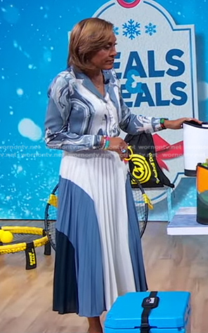 Robin's blue marble blouse and colorblock pleated skirt on Good Morning America