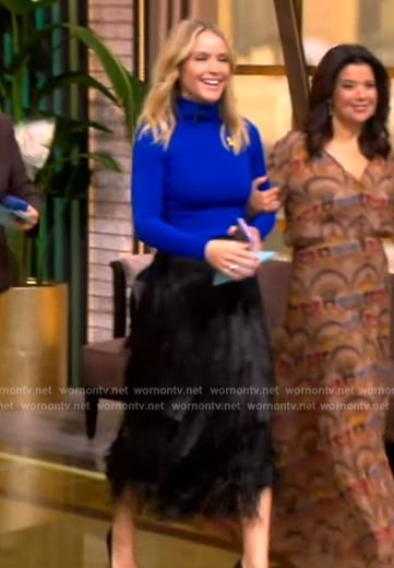 Sara's blue turtleneck top and fringe skirt on The View