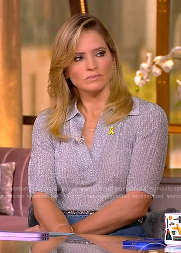 Sara's gray metallic knit top and denim skirt on The View