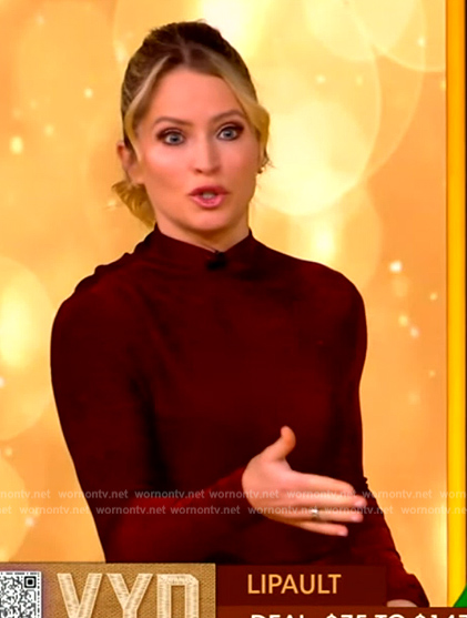 Sara's burgundy metallic top and skirt on The View