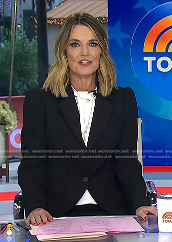 Savannah's black blazer and white tie neck top on Today