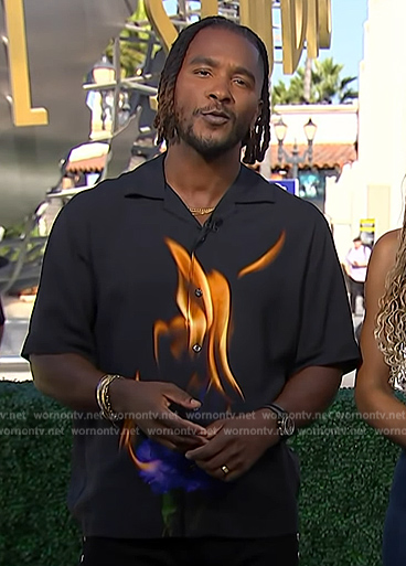 Scott's black flame print shirt on Access Hollywood