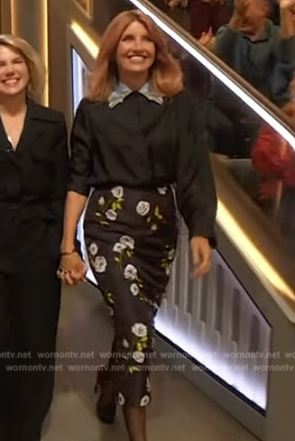 Sharon Horgan's black floral print skirt on The Drew Barrymore Show