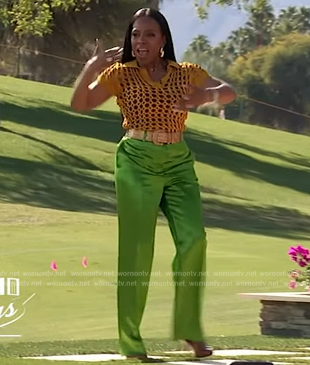 Sheryl Lee Ralph's yellow crochet knit top and green pants on Live with Kelly and Mark