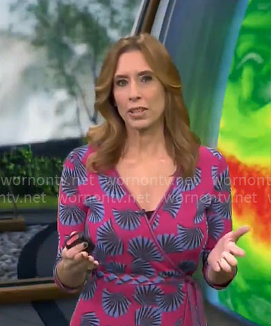 Stephanie Abrams' pink fan print wrap dress on CBS Mornings