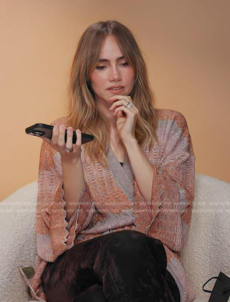 Suki Waterhouse's striped wrap cardigan on Access Hollywood