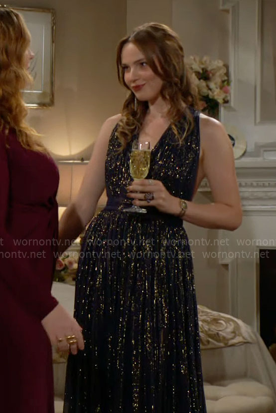 Tessa's metallic navy dress at Ashley & Devon's wedding on The Young and the Restless
