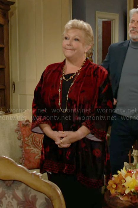 Traci's red and black floral velvet jacket on The Young and the Restless