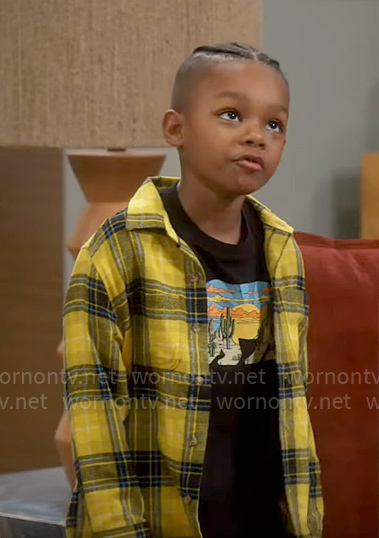 Trey's yellow plaid shirt and graphic t-shirt on Poppas House