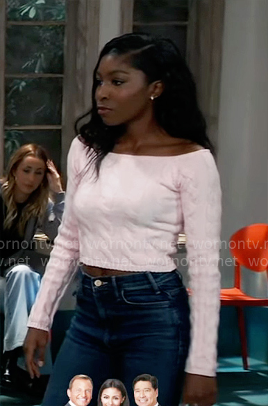 Trina's light pink off-shoulder cable-knit sweater on General Hospital