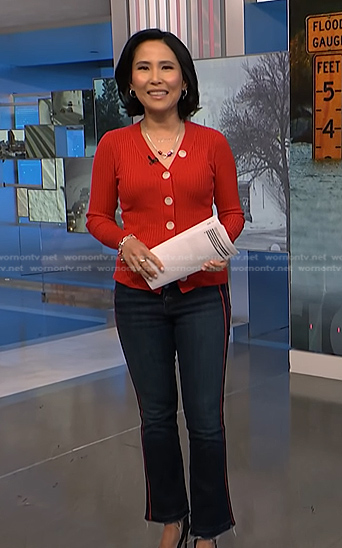 Vicky's red ribbed cardigan and side stripe jeans on NBC News Daily