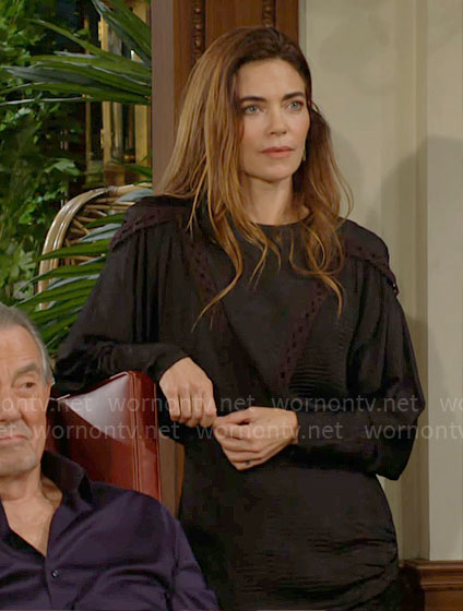 Victoria's black long sleeve dress with crochet details on The Young and the Restless