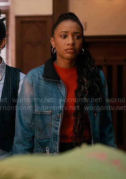 Whitney's denim jacket on The Sex Lives of College Girls
