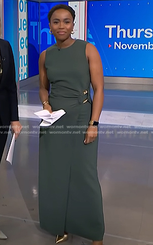 Zinhle's green chain detail maxi dress on NBC News Daily