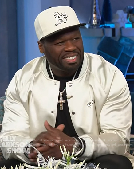 50 cent's satin bomber jacket on The Kelly Clarkson Show