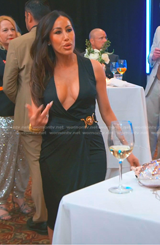 Angie's black wrap dress with gold buckle on The Real Housewives of Salt Lake City