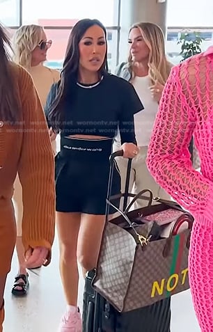Angie's black logo print shorts on The Real Housewives of Salt Lake City