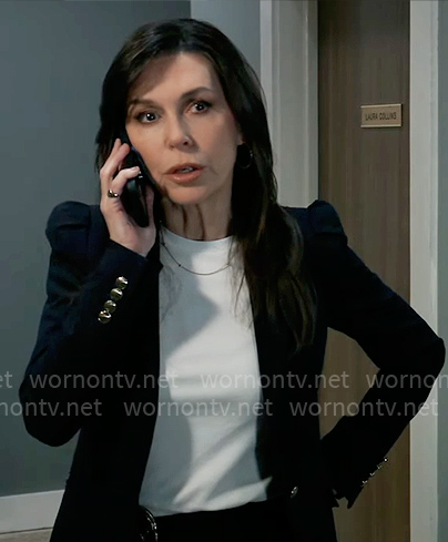 Anna's navy puff-shoulder blazer on General Hospital