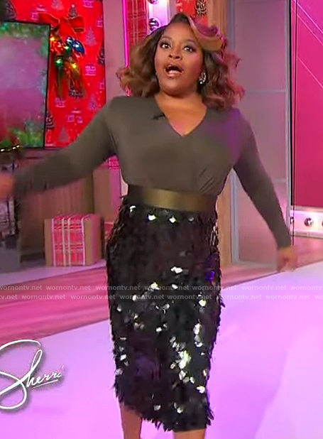 Sherri's olive bodysuit and sequin skirt on Sherri