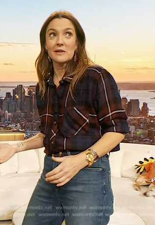 Drew's blue plaid shirt on The Drew Barrymore Show