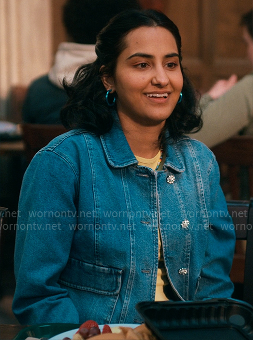 Bela's denim jacket with crystal buttons on The Sex Lives of College Girls