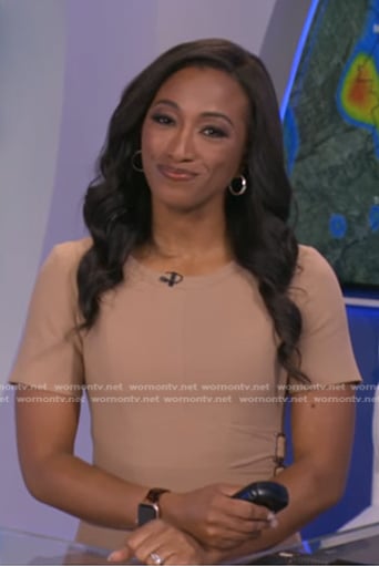 Brittany's beige buckle waist dress on Good Morning America