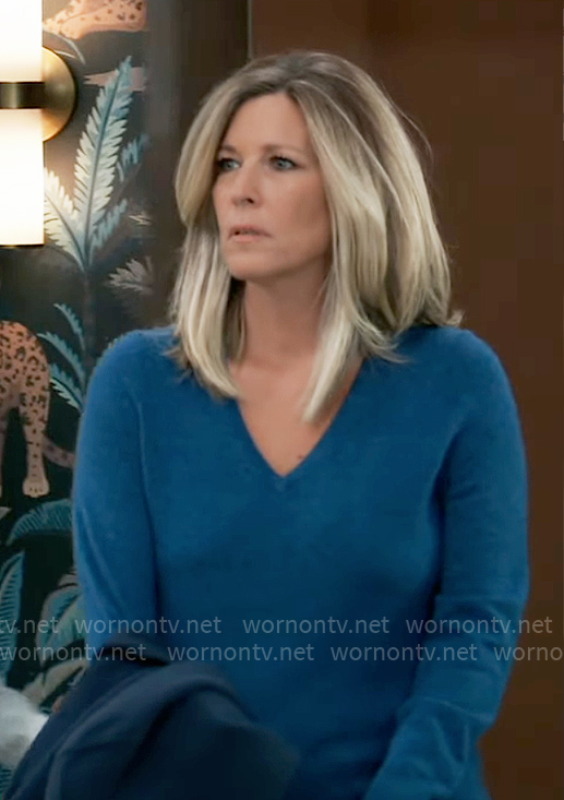 Carly's blue v-neck sweater on General Hospital
