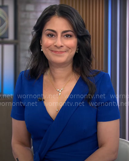 Celine Gounder's blue short sleeve dress on CBS Mornings