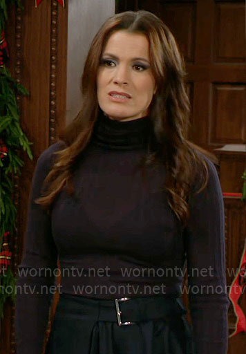 Claire's navy turtleneck and buckle detail skirt on The Young and the Restless