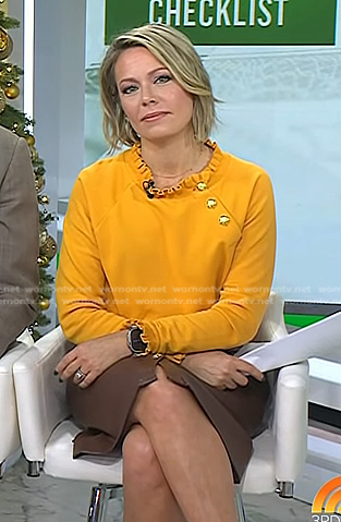 Dylan’s yellow ruffle trim top and brown leather skirt on Today