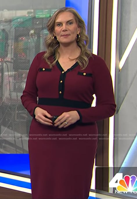 Emily West's burgundy contrast trim dress on Today