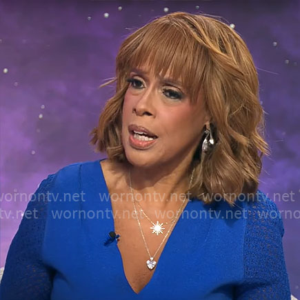Gayle King's blue v-neck dress with lace knit sleeves on CBS Mornings