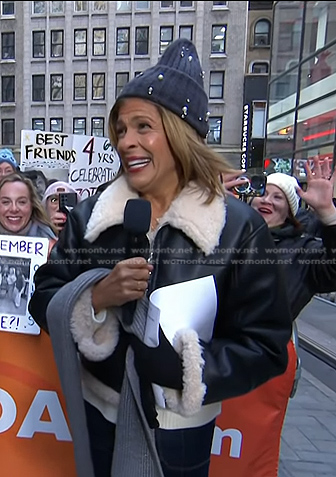 Hoda's black shearling trim leather jacket on Today