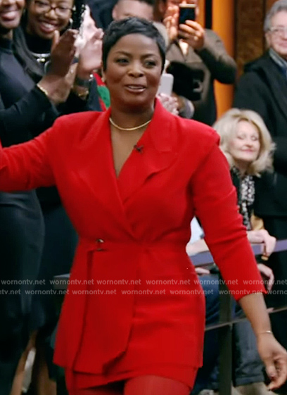 Janelle James's red belted blazer on Live with Kelly and Mark