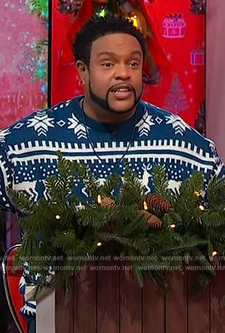 Jawn's blue Christmas sweater on Sherri