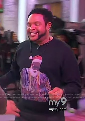Jawn's Biggie graphic Christmas sweater on Sherri