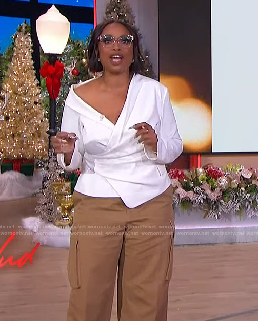 Jennifer's white asymmetric top and cargo pants on The Jennifer Hudson Show