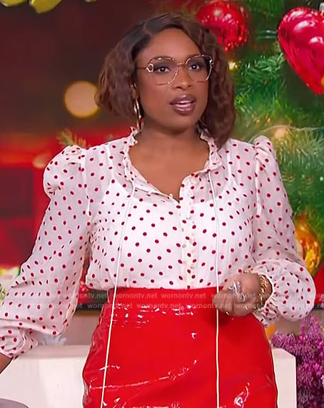 Jennifer's white polka dot print blouse and latex skirt on The Jennifer Hudson Show